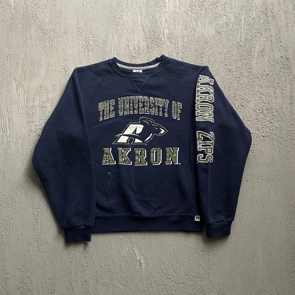 Vintage University of Akron Zips Sweatshirt Small Navy Blue 00s Russell Athletic